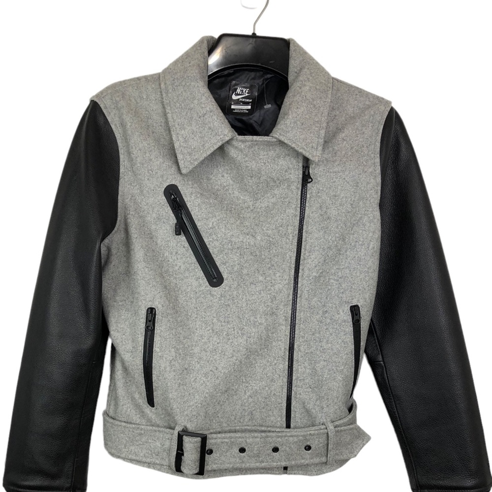 Nike NSW Women’s Medium Gray Wool Destroyer Jacket Zip Front Black Leath…